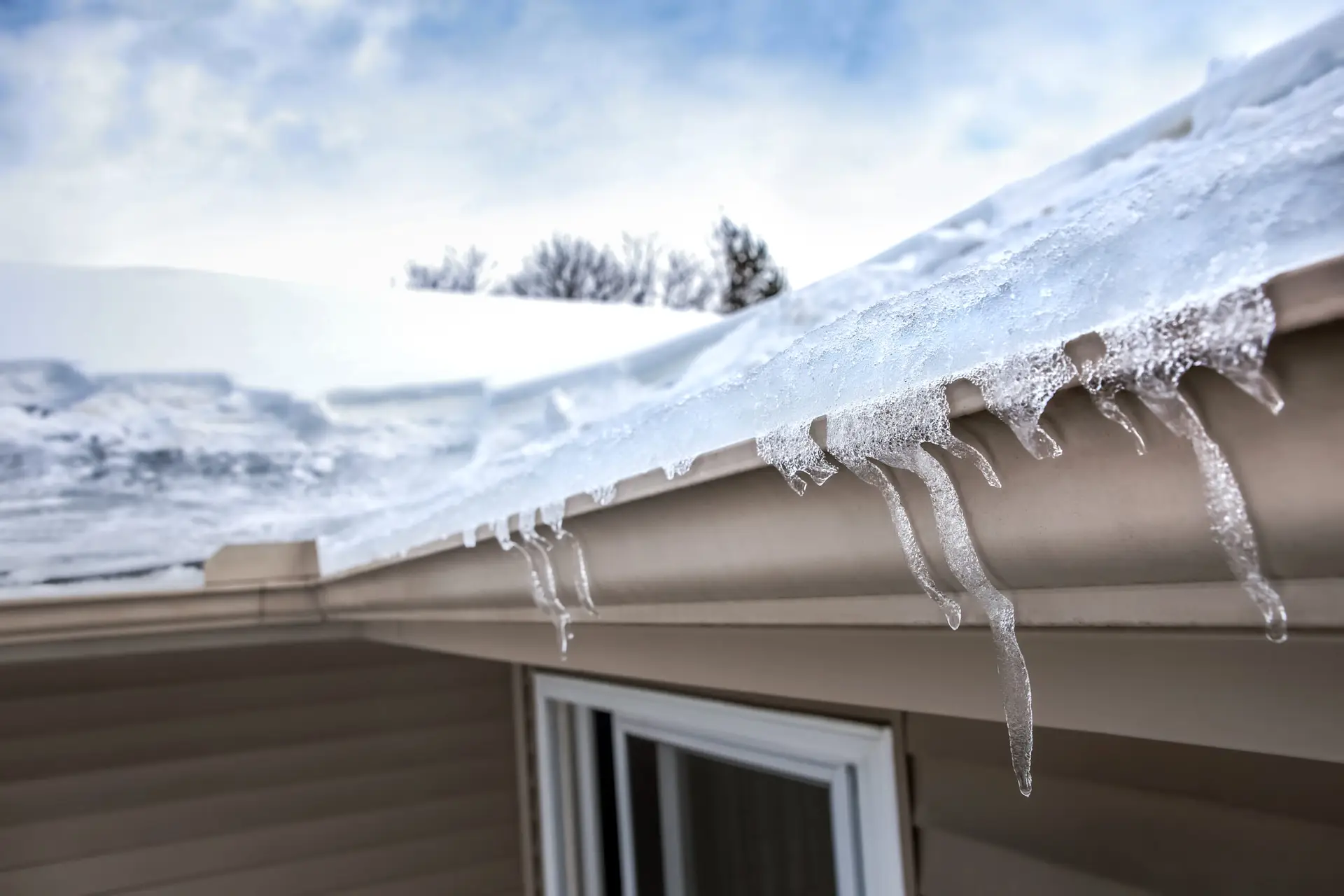 Ice dam on roof and gutters